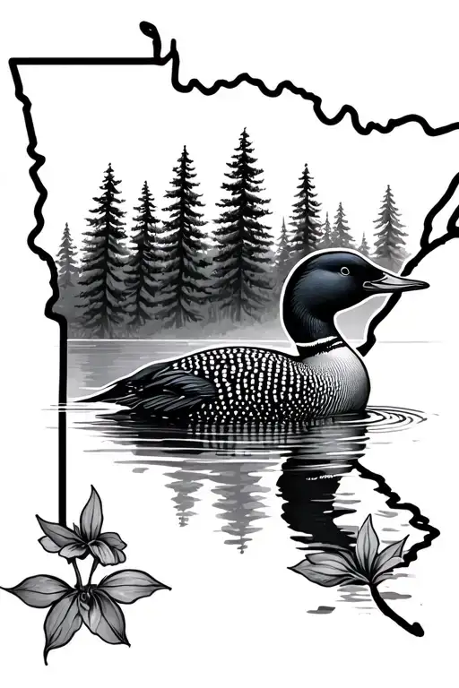 state of minnesota with a loon, showy lady slippers, loon, and pine trees in the background tattoo design idea
