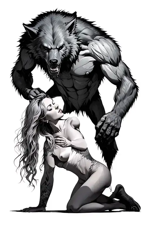 werewolf standing over submissive woman kneeling tattoo design idea
