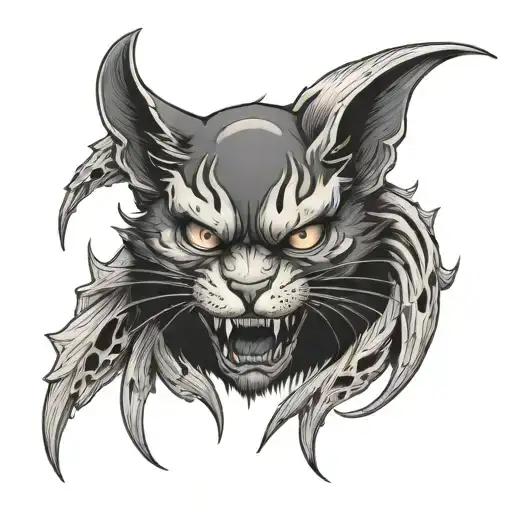 demon cat with white eyes and demon wings at the background of a skull with his tail going through the skull eyes tattoo design idea