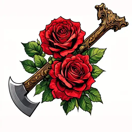 battleaxe with red roses tattoo design idea