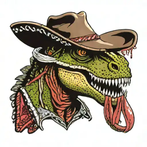 T-Rex from Jurassic Park, just the head, mouth closed, wearing a sequined cowboy hat and bandana tattoo design idea