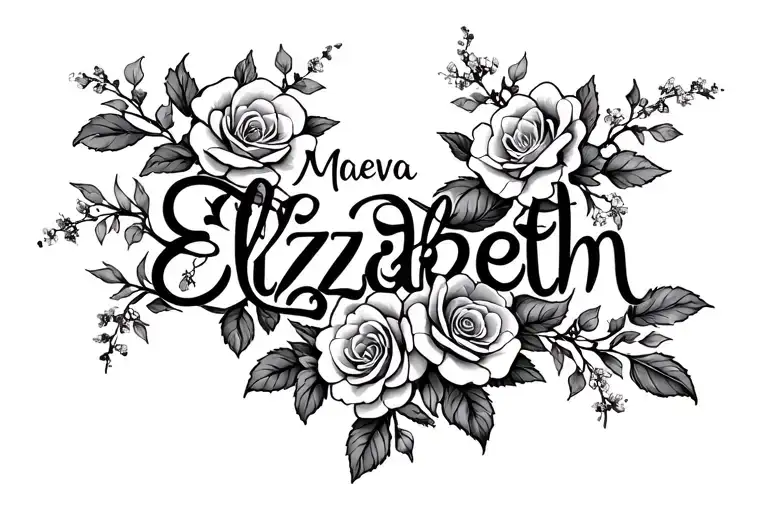 "Maeva Elizabeth" Name entertwined with rose and honeysuckle flowers tattoo design idea