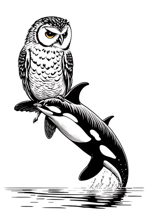 Owl and Orca whale jumping tattoo design idea