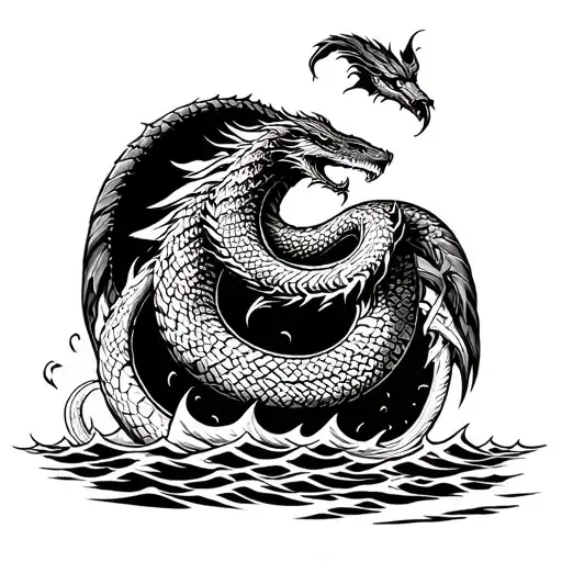 world serpent Jormungand fighting in the sea and sky with Thor against the backdrop of Ragnarok tattoo design idea