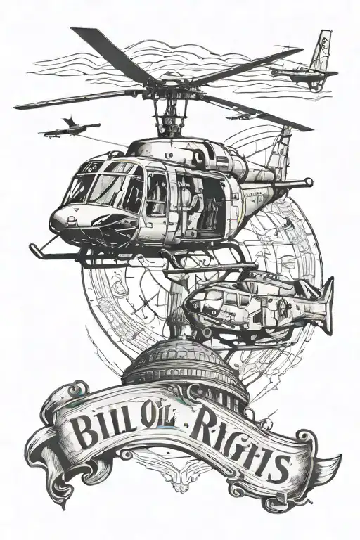 A black and grey tattoo of the Bill of Rights with a helicopter hovering above it, symbolizing the client's dedication to serving their country as a veteran and their belief in the principles of freedom and democracy tattoo design idea