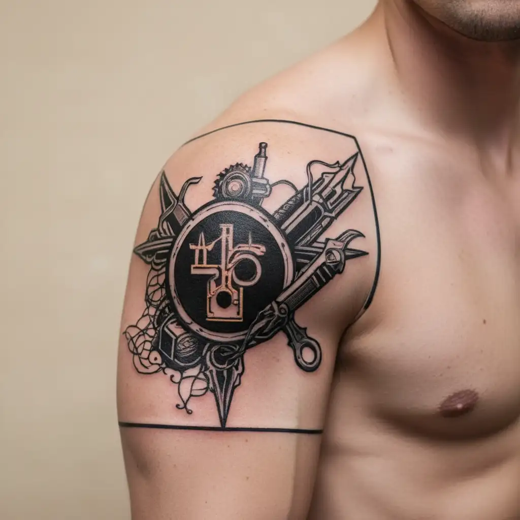 Create a tattoo design inspired by electrician tools with a religious twist tattoo design idea