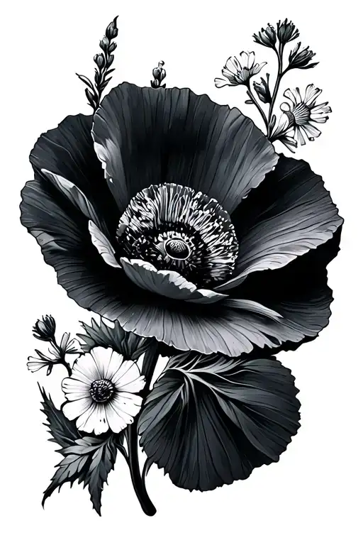 small fine line tattoo of a poppy, a delphinium and gypsophila with no leaves tattoo design idea