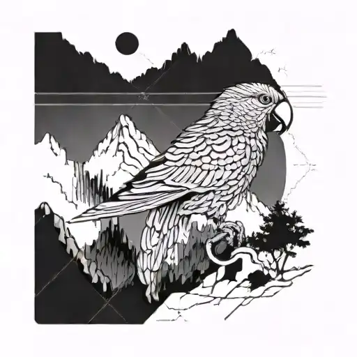 A detailed blackwork tattoo of a majestic parrot perched on top of a mountain, with a chart in the background symbolizing your passion for trading and investing tattoo design idea