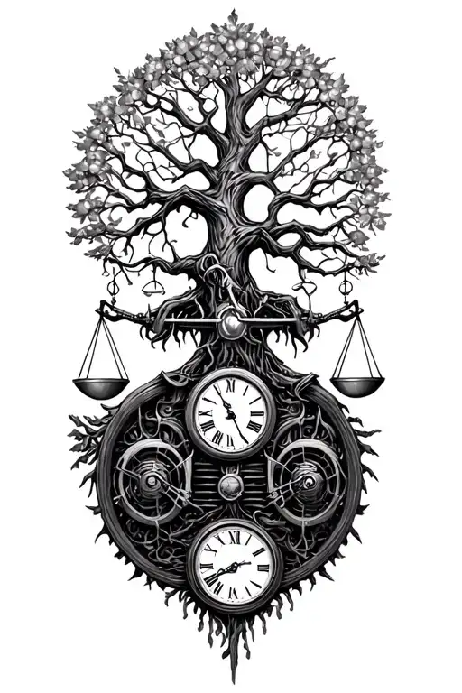 gothic tree of life intertwined with v-twin motor, libra scales and a clock, winter solstice  tattoo design idea