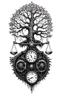 gothic tree of life intertwined with v-twin motor, libra scales and a clock, winter solstice  tattoo design idea