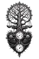 gothic tree of life intertwined with v-twin motor, libra scales and a clock, winter solstice  tattoo design idea