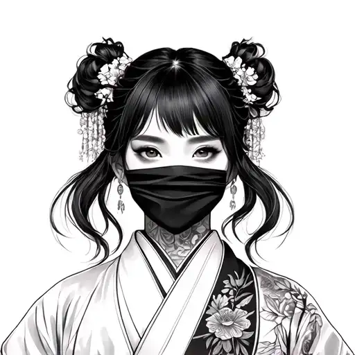 hypebeast girl in hanbok with face partially covered tattoo design idea