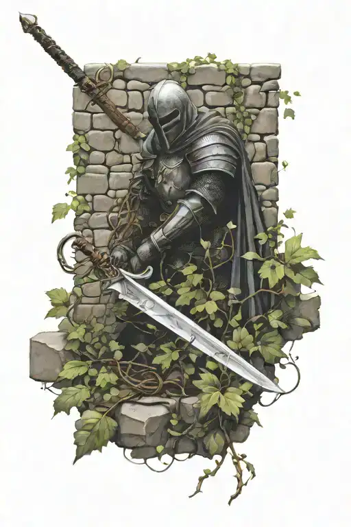 dead knight against cobble stone wall, sword, vines covering, creeping vines,  tattoo design idea