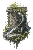 dead knight against cobble stone wall, sword, vines covering, creeping vines,  tattoo design idea