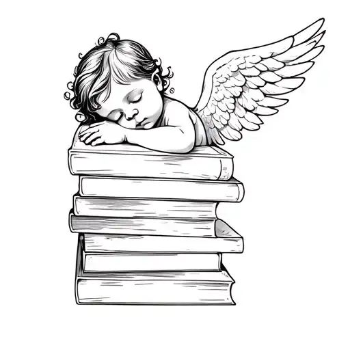 fine line tattoo of a baby angel peacefully resting on small stack of books make it minimalistic tattoo design idea