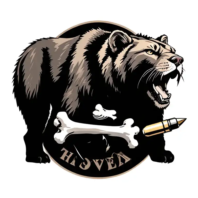 a kodiak bear, a mountain lion, with a bone and a bullet tattoo design idea