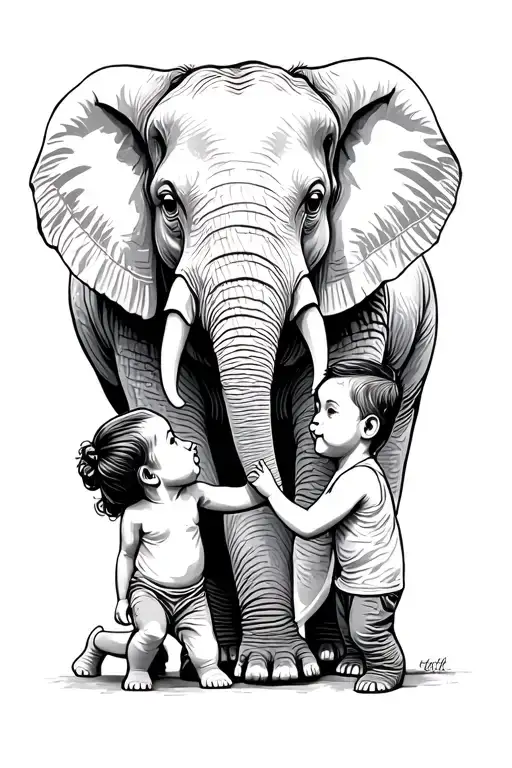 mother elephant and her two young children playing tattoo design idea