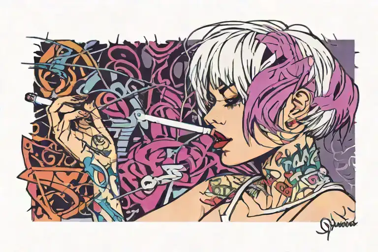 Sexy girl, Huge cleavage, petite, torn clothing, short white bob hairstyle, smoking a cigarette in mouth, side view tattoo design idea