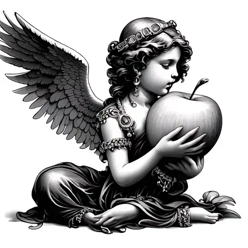 angel biting an apple representing sin wearing jewelry, watches... tattoo design idea