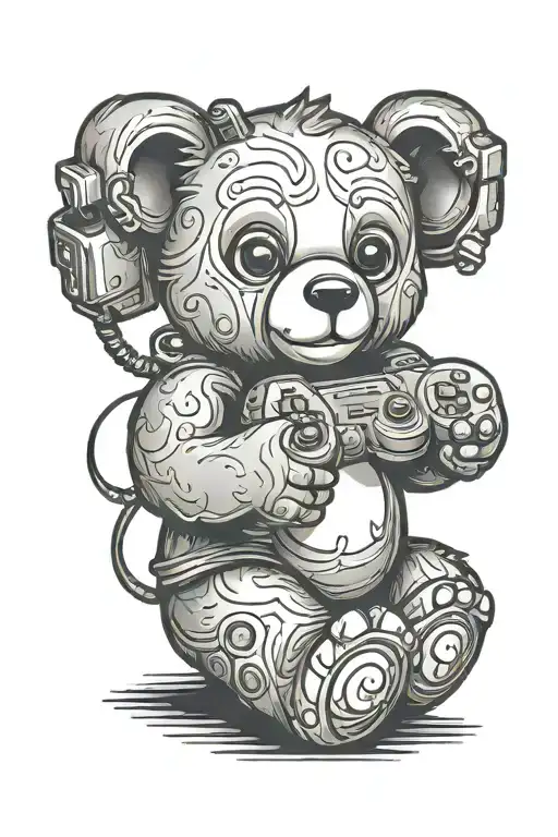 Teddy bear holding a game controller tattoo design idea