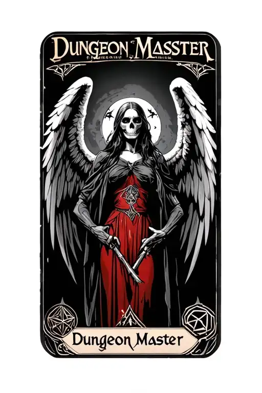 "Dungeon Master " death, Dungeons and dragons, tarot card, female angel of death, wings, d20, nsfw, partial nudity  tattoo design idea