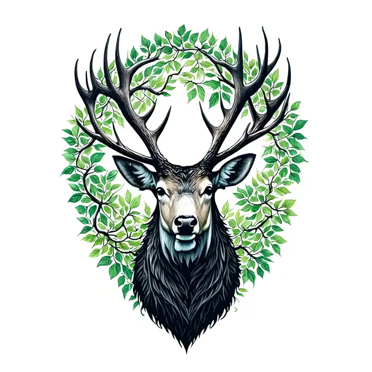 elk head consisting entirely of leafy tree branches tattoo design idea