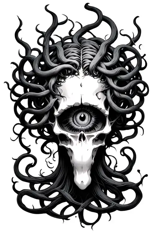 brain with eye looking like medusa tattoo design idea