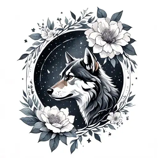 wolf, lunar phases, flowers, bull constellations, balance constellation tattoo design idea