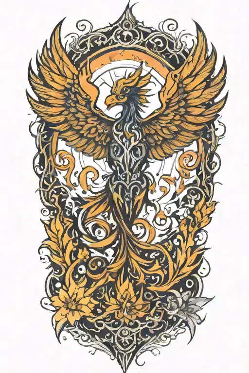 Phoenix rising from fractal roots at knee, fiery wings and fractal body glowing on thigh, symbolizing strength and rebir tattoo design idea