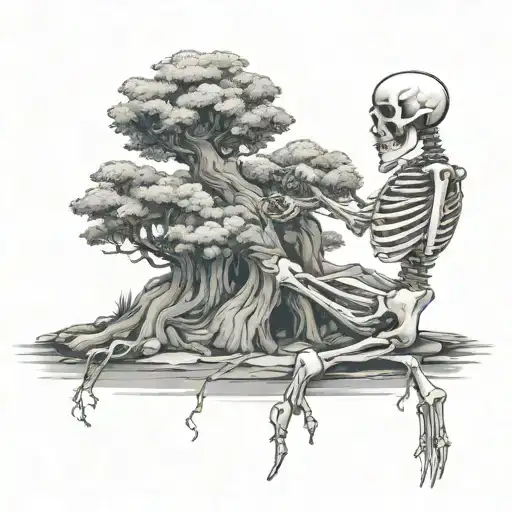 A skeleton in a squat cutting a bonsai tree growing tattoo design idea