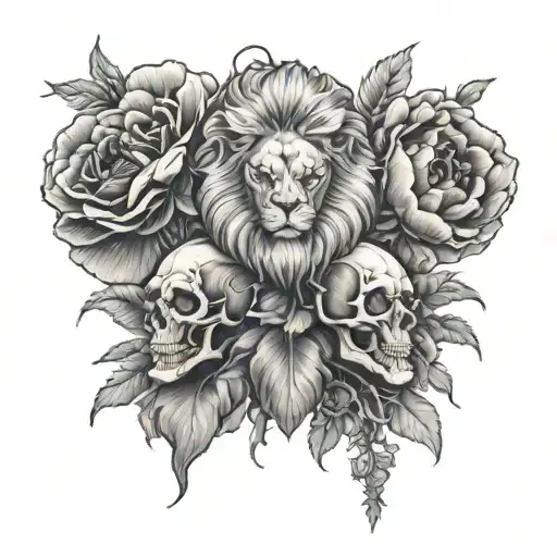 skulls lion poppy flower tattoo design idea