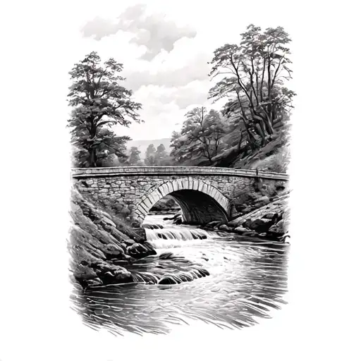 white water river and old stone clapper bridge from postbridge dartmoor devon tattoo design idea