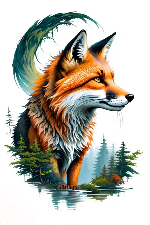 Fox Spirit God of forest landscape tattoo design idea