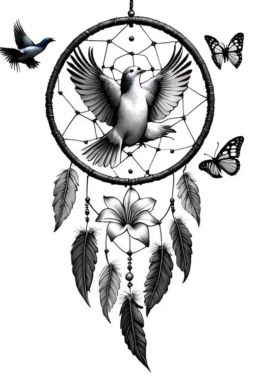 A dreamcatcher with one swallow flying next to it is a dove with a Lilly in the mouth and two butterflies  tattoo design idea