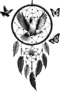 A dreamcatcher with one swallow flying next to it is a dove with a Lilly in the mouth and two butterflies  tattoo design idea