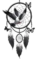 A dreamcatcher with one swallow flying next to it is a dove with a Lilly in the mouth and two butterflies  tattoo design idea