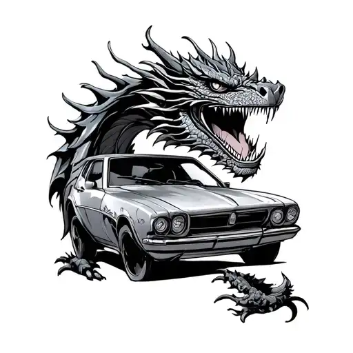 dragon eating a car tattoo design idea