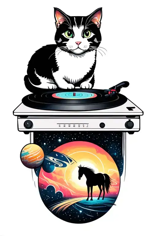 cat on a record player with horse below with a Space theme. tattoo design idea