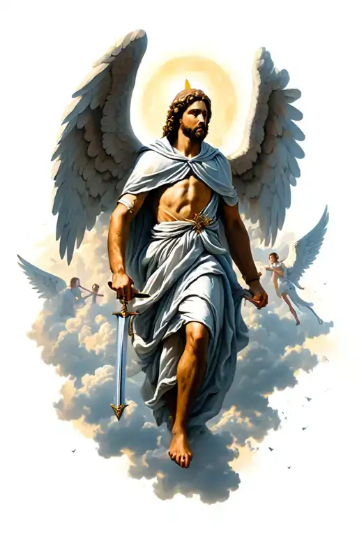 st michael coming down from the clouds, with small angels in the backround, he has a hood on his head holding a sword tattoo design idea