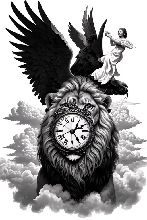 A lion drawn above the clouds, a praying angel, and a clock tattoo design idea