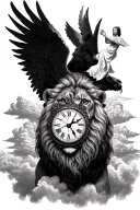 A lion drawn above the clouds, a praying angel, and a clock tattoo design idea