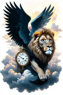 A lion drawn above the clouds, a praying angel, and a clock tattoo design idea