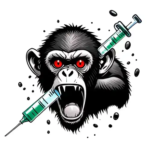 drug crazed monkey biting down on a syringe. with red eyes and looks like its breaking out the skin on my back. tattoo design idea