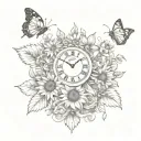 sunflower & butterflies & grand father clock surrounded tattoo design idea
