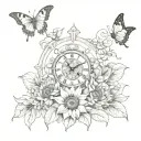 sunflower & butterflies & grand father clock surrounded tattoo design idea
