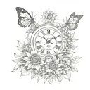 sunflower & butterflies & grand father clock surrounded tattoo design idea