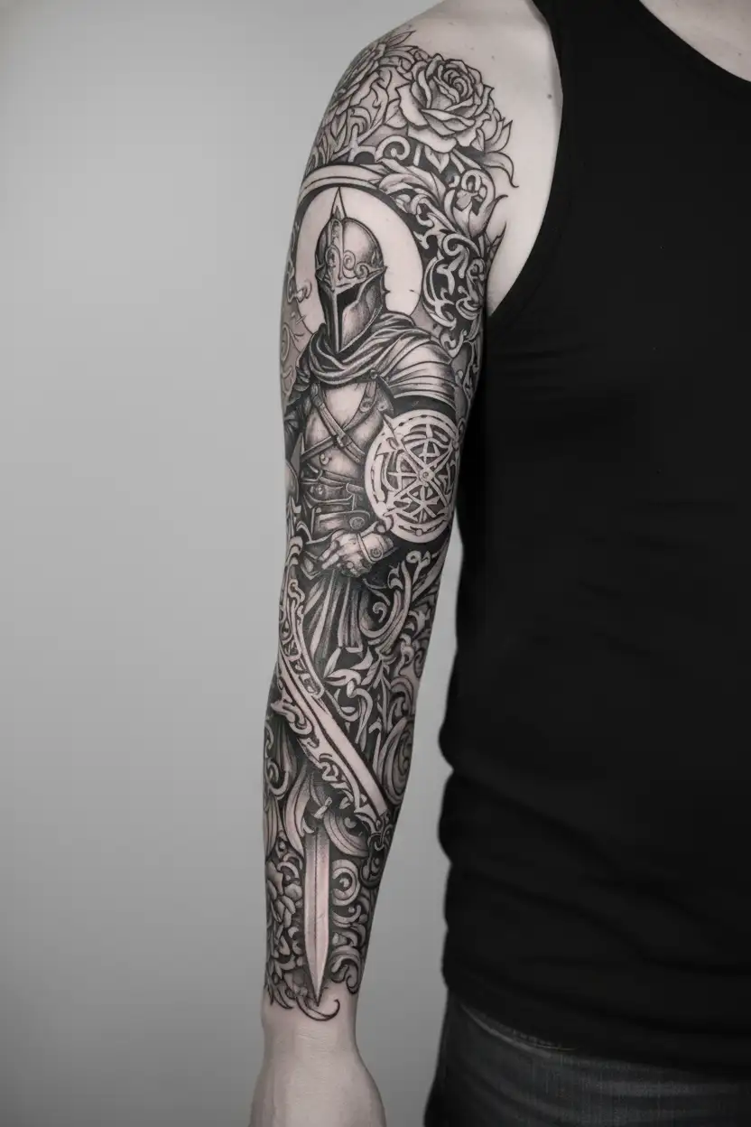 Medieval Fantasy leg sleeve tattoo design idea