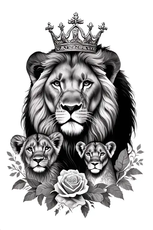 lioness surrounded by lion cub & daddy lion with a crown & roses tattoo design idea