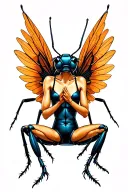 full length image of winged insect with a slender body, sitting down with knees up playing ps5 tattoo design idea