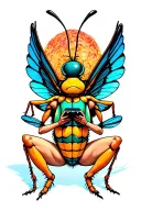 full length image of winged insect with a slender body, sitting down with knees up playing ps5 tattoo design idea